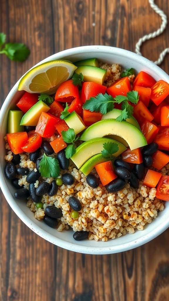 A colorful quinoa bowl with tomatoes, cucumber, bell pepper, black beans, and avocado, garnished with cilantro and lime.
